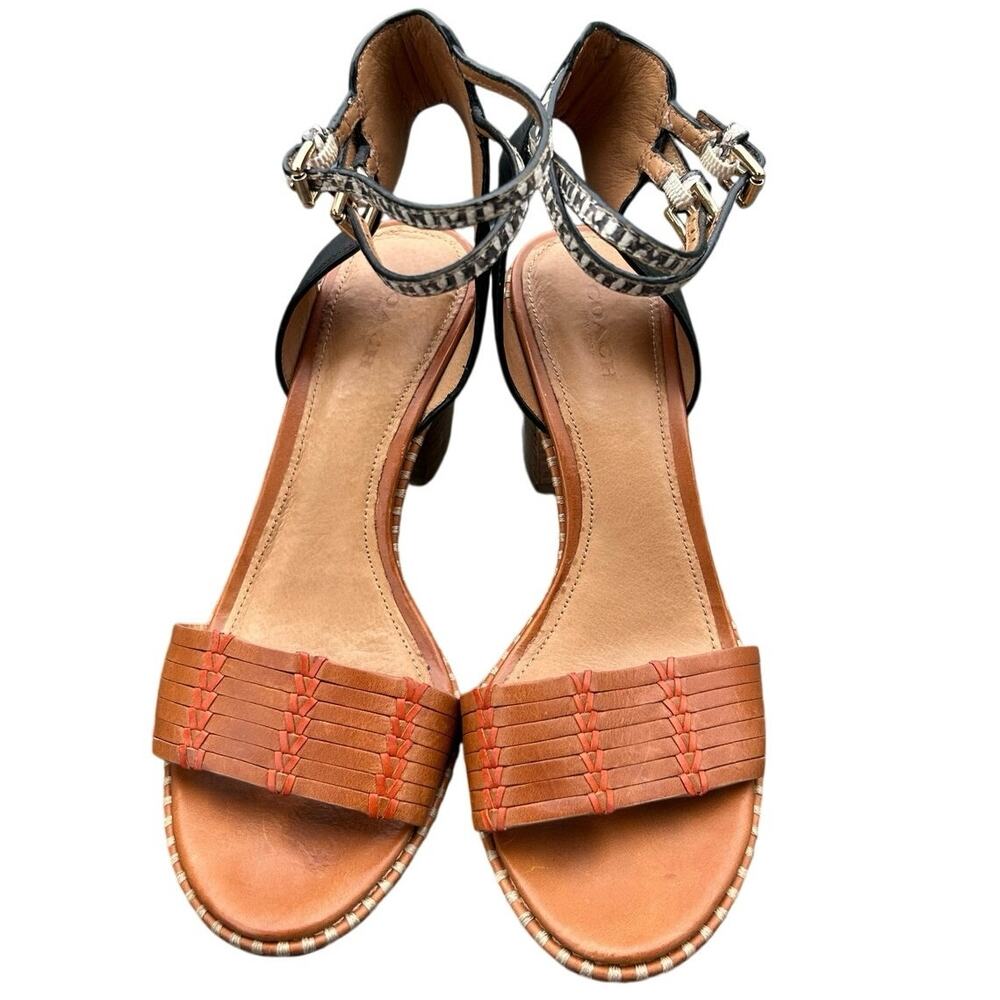 Coach Dexton Block Heel Sandals Size 7B Brown Leather Snake Print Ankle Strap - Picture 3 of 9